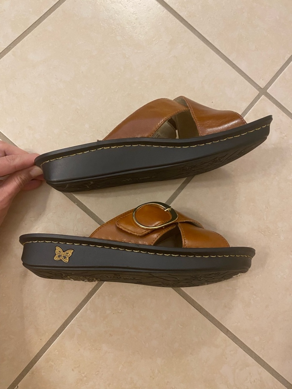 Alegria Brown Leather Crossover Slide Sandals with Gold Buckle - Picture 3 of 8
